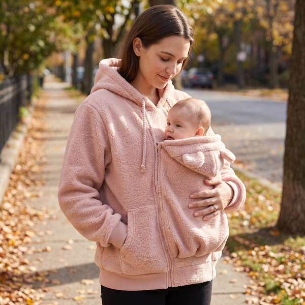 Mother wearing the blush pink Cozy Carry fleece hoodie with her baby in the front pouch