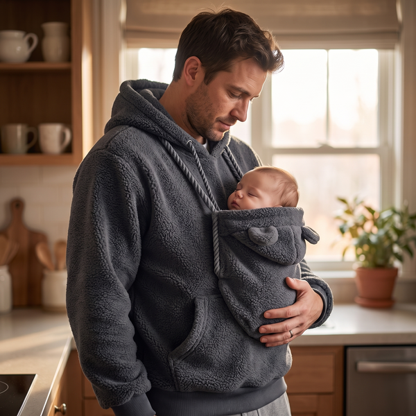 Father wearing the grey Cozy Carry hoodie with his baby in the pouch